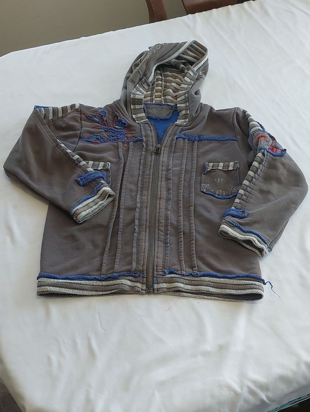 Gray and Blue Striped Hooded Zip Sweatshirt